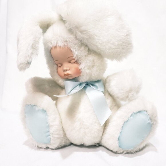 Porcelain Doll Bunny Rabbit Plush Music Box 10" Cape Craftsmen Plays Lullaby - Picture 8 of 8